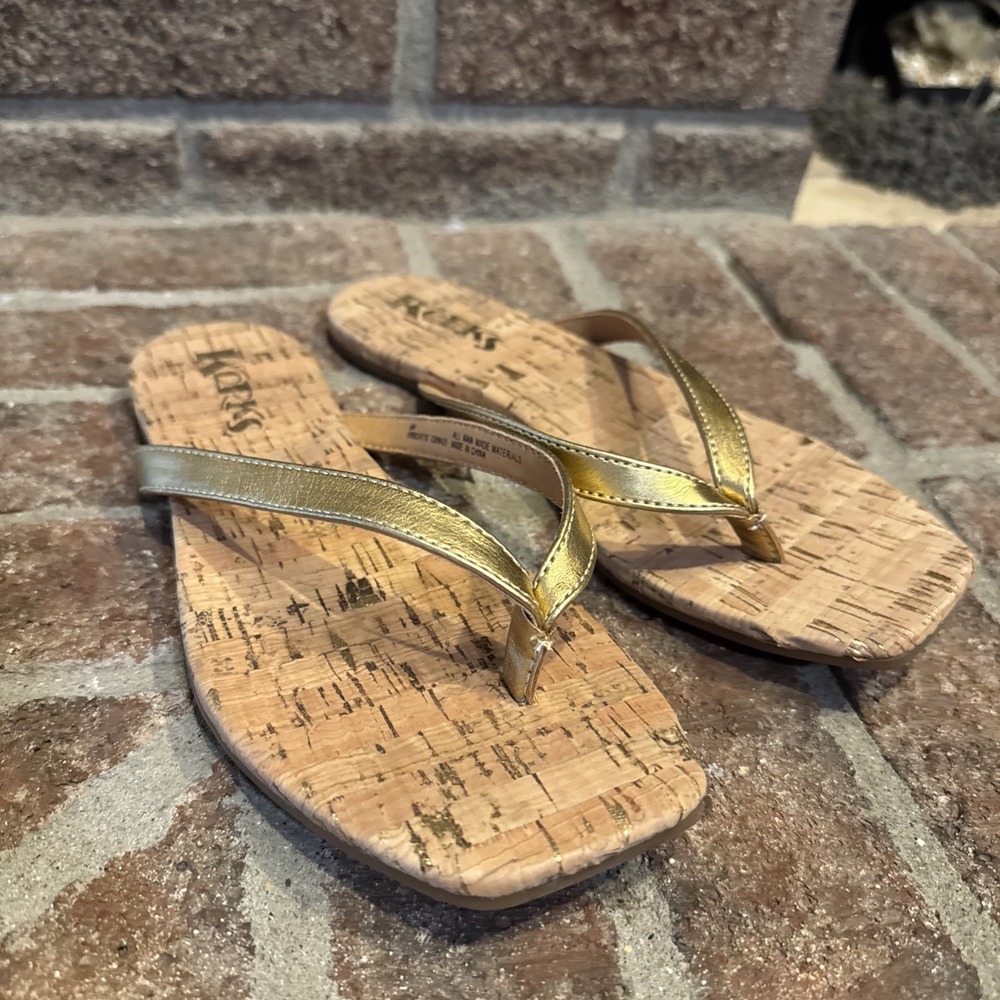 Korks Womens Gold Metallic Cork Square Toe Thong Sandals Flip Flops Size 6M #501